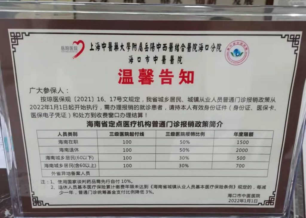海南省医院门诊增加了额外的医保报销额度