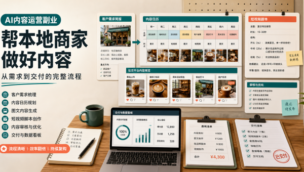 AI 内容代运营副业主题图，展示本地商家 brief、内容日历、短视频脚本、交付清单和报价看板