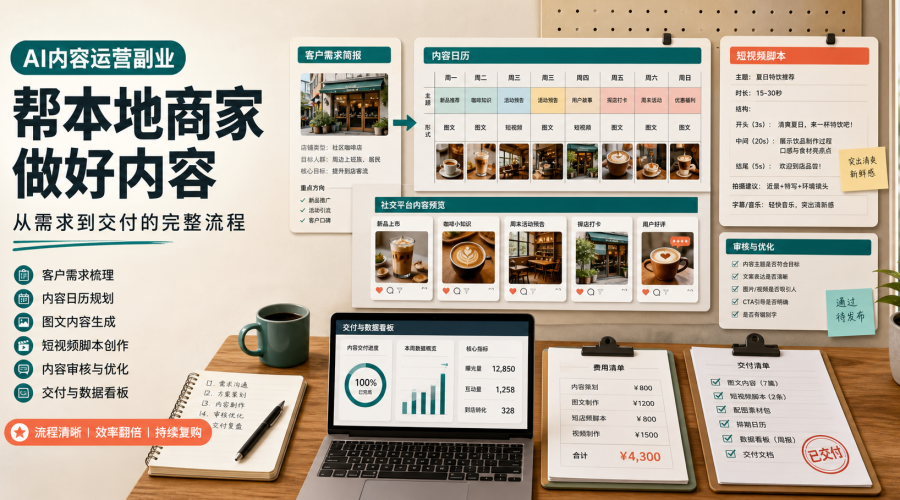 AI 内容代运营副业主题图，展示本地商家 brief、内容日历、短视频脚本、交付清单和报价看板