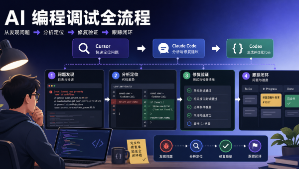 Cursor、Claude Code 和 Codex 辅助完成代码调试、测试和回归检查的工作流示意图