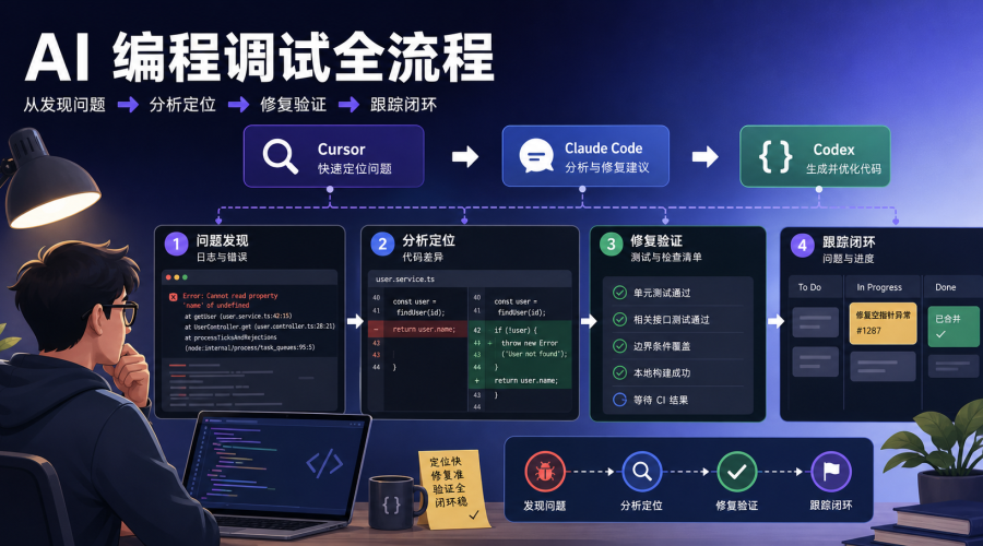 Cursor、Claude Code 和 Codex 辅助完成代码调试、测试和回归检查的工作流示意图