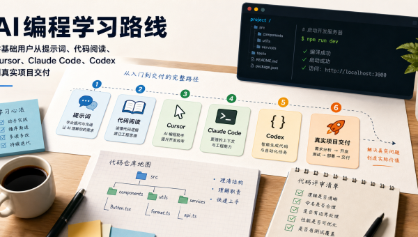AI编程学习路线图，展示提示词、代码阅读、Cursor、Claude Code、Codex 和真实项目交付步骤