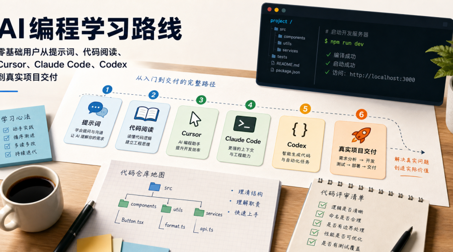 AI编程学习路线图，展示提示词、代码阅读、Cursor、Claude Code、Codex 和真实项目交付步骤