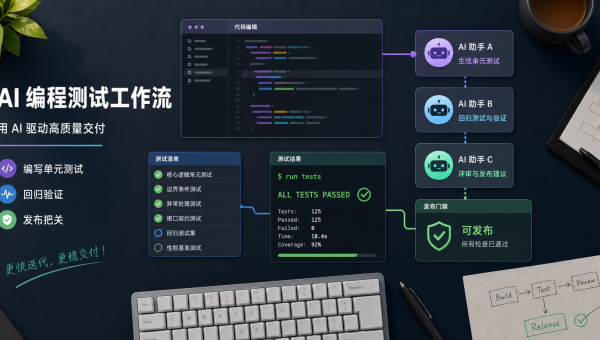 AI编程测试工作流中代码编辑器、测试清单和终端回归结果组成的开发工作台