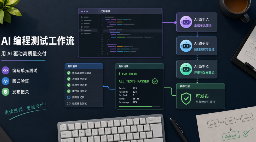 AI编程测试工作流中代码编辑器、测试清单和终端回归结果组成的开发工作台