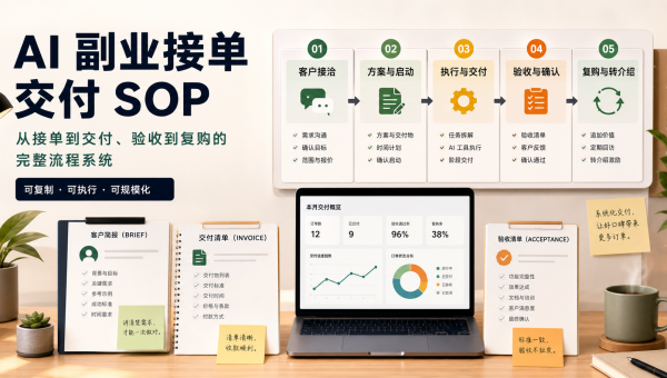 AI副业交付SOP流程图展示客户接洽、方案启动、执行交付、验收确认和复购转介绍