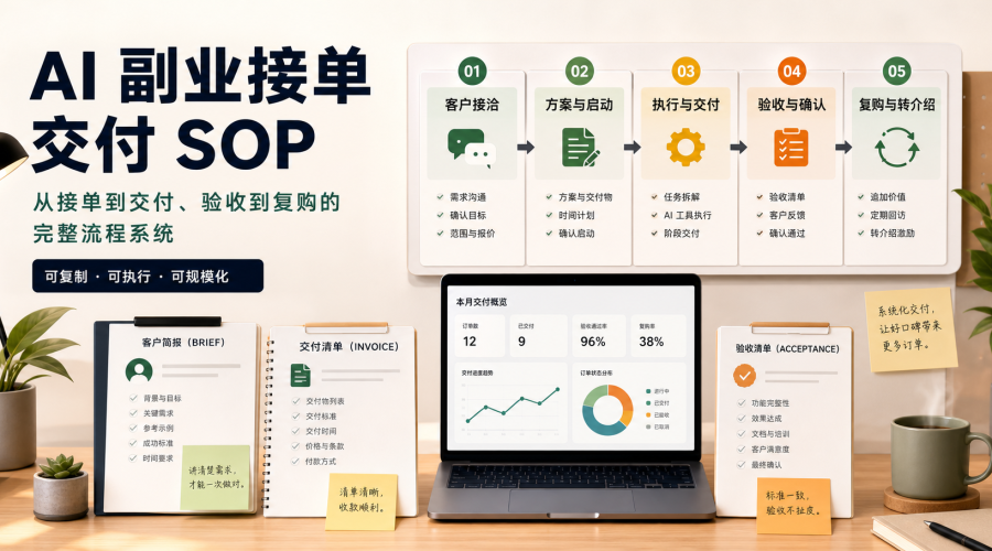 AI副业交付SOP流程图展示客户接洽、方案启动、执行交付、验收确认和复购转介绍