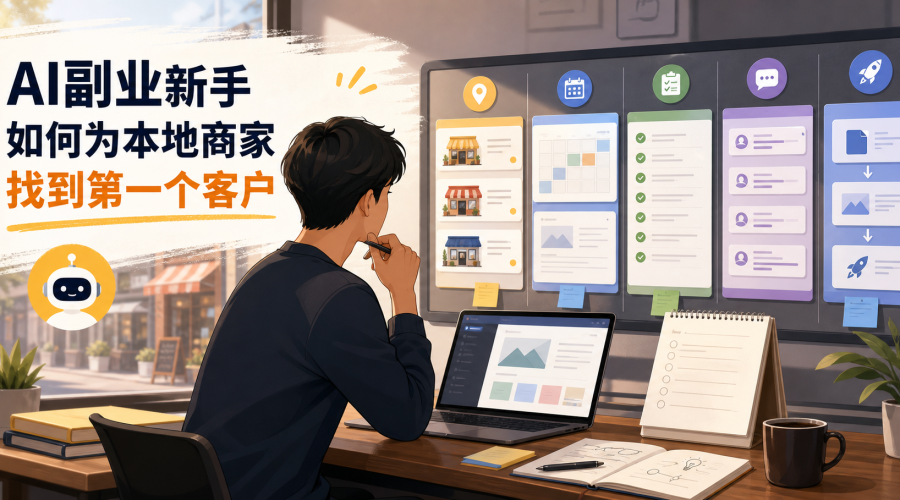 AI副业新手为本地商家寻找第一个客户的内容代运营获客流程图