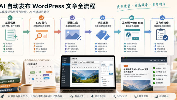 AI 自动发布 WordPress 文章从草稿到 SEO 检查完整流程图