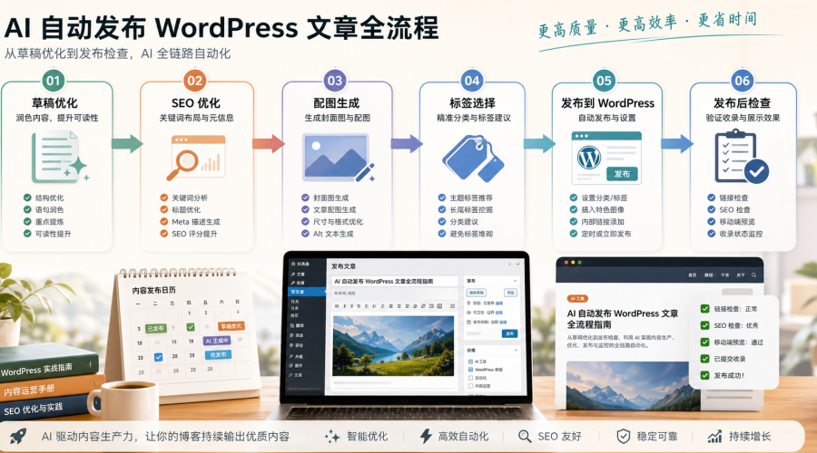 AI 自动发布 WordPress 文章从草稿到 SEO 检查完整流程图