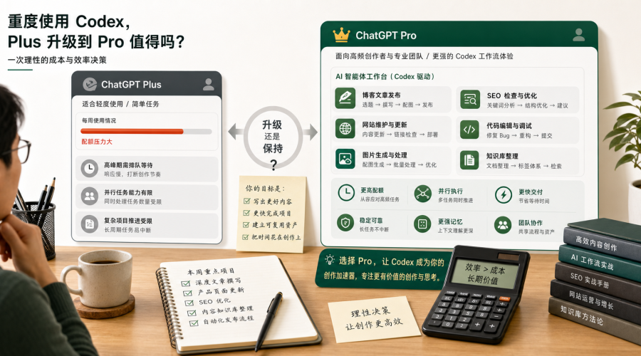 ChatGPT Pro 升级决策与 Codex 重度使用工作流对比示意图