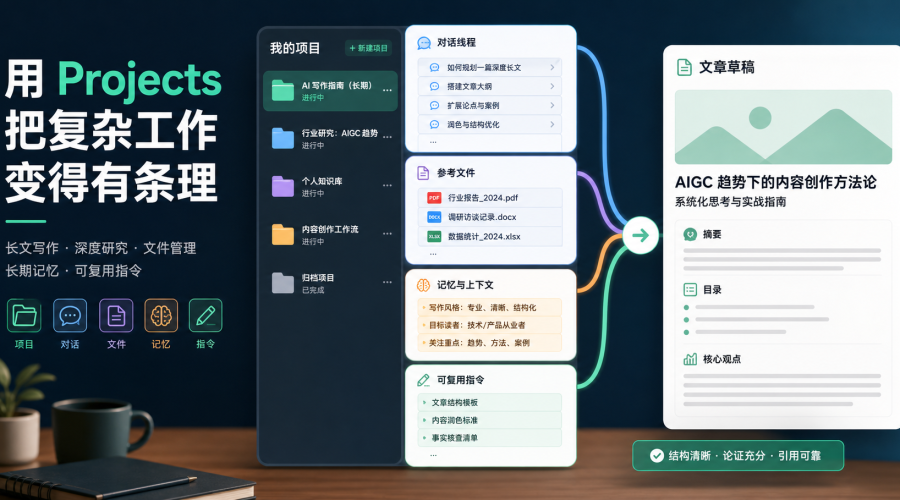 ChatGPT Projects项目工作区把对话、文件、记忆和复用指令整理成长文写作流程