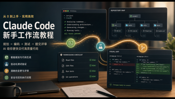 Claude Code新手工作流教程，展示终端、代码仓库、权限清单和代码审查流程