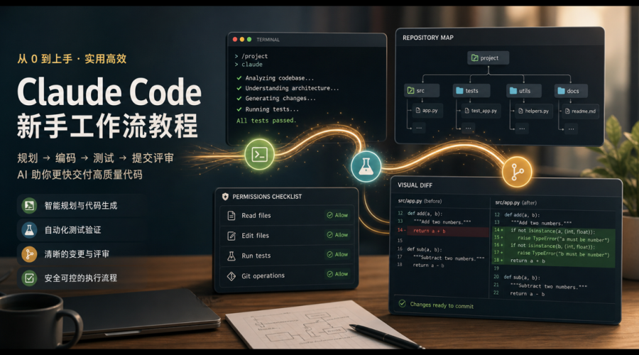 Claude Code新手工作流教程，展示终端、代码仓库、权限清单和代码审查流程