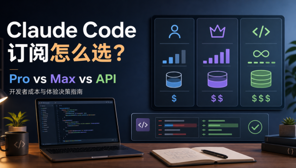 Claude Code Pro、Max 和 API 成本选择对比的开发者工作台示意图