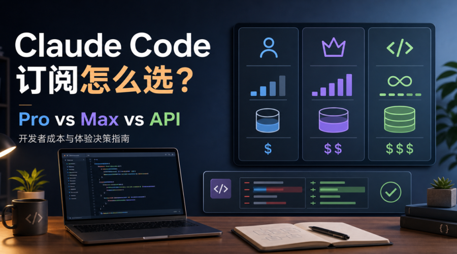 Claude Code Pro、Max 和 API 成本选择对比的开发者工作台示意图