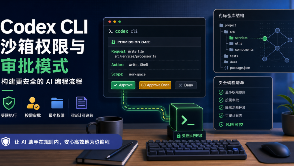 Codex CLI 沙箱权限和审批模式安全工作流示意图
