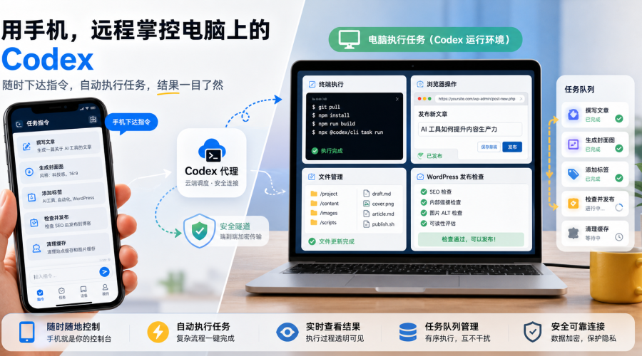 手机控制电脑运行 Codex 的三种实操方法示意图