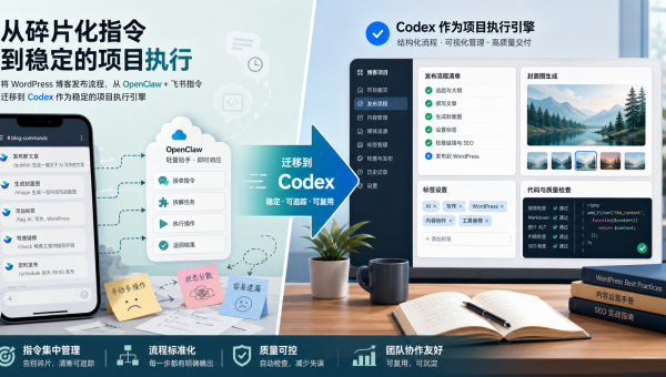 Codex 与 OpenClaw 更新维护 WordPress 博客工作流对比示意图