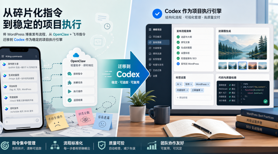 Codex 与 OpenClaw 更新维护 WordPress 博客工作流对比示意图