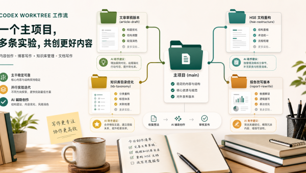 Codex 新工作树帮助内容创作者安全试错和整理多个文章版本的工作流示意图
