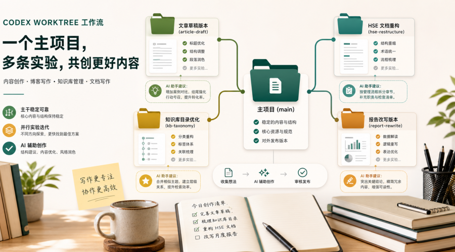 Codex 新工作树帮助内容创作者安全试错和整理多个文章版本的工作流示意图