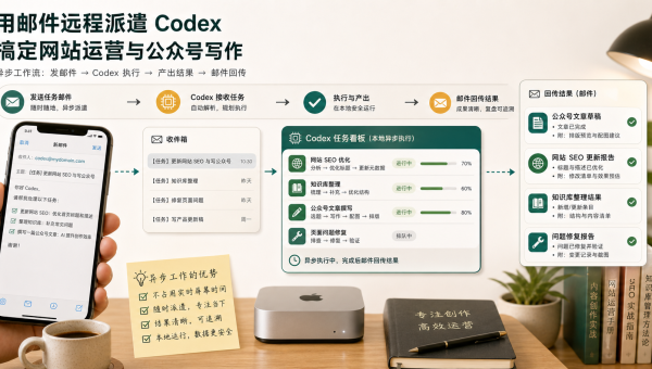 用邮箱远程调度 Codex 处理网站运营与公众号写作任务的异步工作流示意图