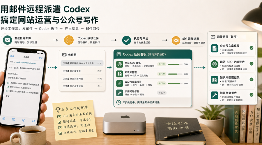 用邮箱远程调度 Codex 处理网站运营与公众号写作任务的异步工作流示意图