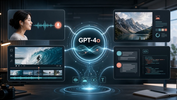 GPT-4o 连接实时语音、图像、视频和代码能力的多模态旗舰模型主题图