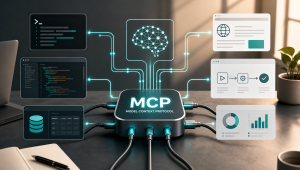 MCP 作为 AI 工具统一连接协议，把终端、数据库、自动化流程和应用面板接入同一工作流的主题图