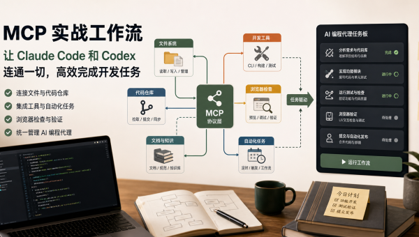 MCP 实战工作流主题图，展示 Claude Code、Codex、文件、浏览器和自动化工具连接到 AI Agent 任务看板