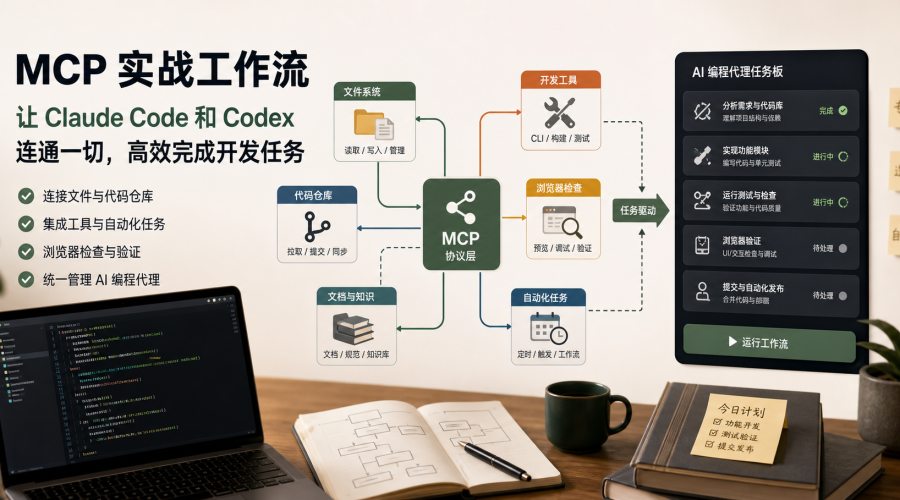 MCP 实战工作流主题图，展示 Claude Code、Codex、文件、浏览器和自动化工具连接到 AI Agent 任务看板