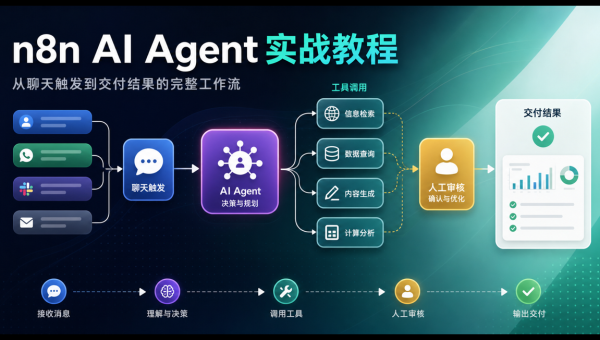 n8n AI Agent工作流教程，展示聊天触发、AI Agent、工具调用、人工审核和交付结果