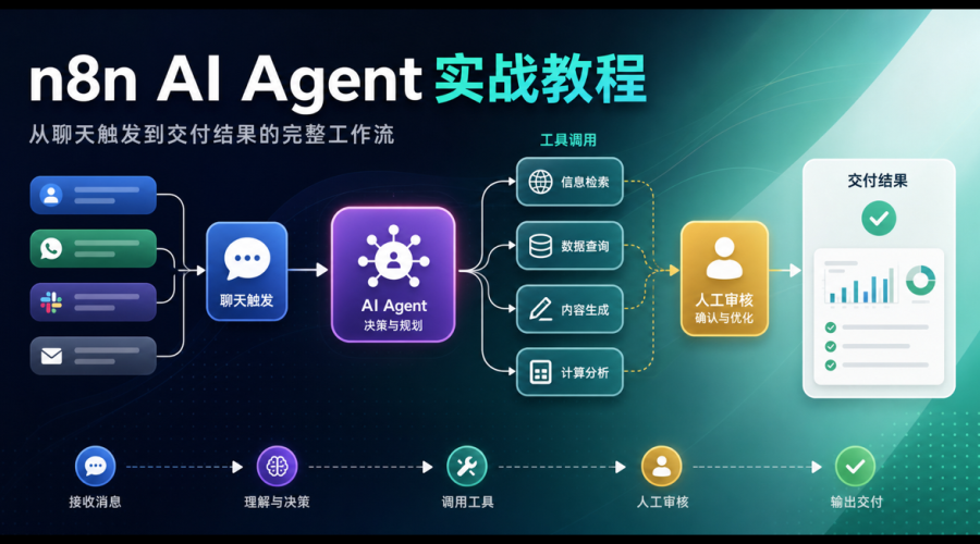 n8n AI Agent工作流教程，展示聊天触发、AI Agent、工具调用、人工审核和交付结果