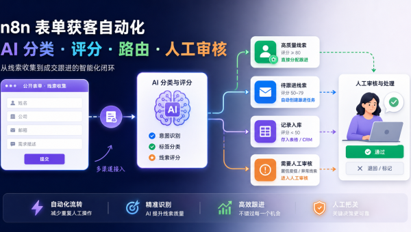 n8n表单获客自动化将线索收集、AI分类评分、任务分配和人工审核串成闭环