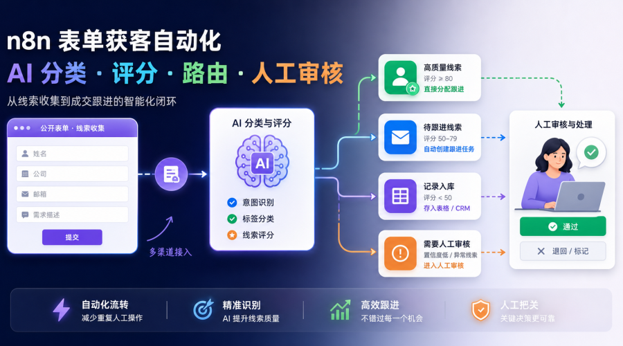 n8n表单获客自动化将线索收集、AI分类评分、任务分配和人工审核串成闭环