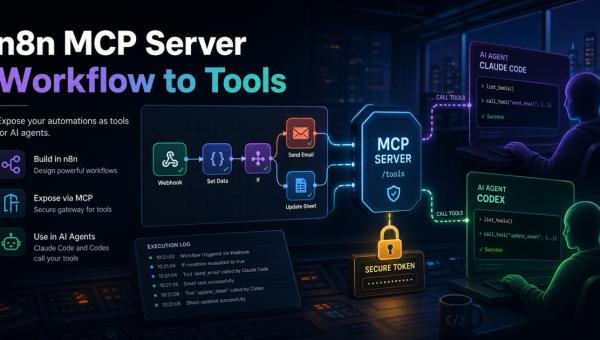 n8n MCP Server 将自动化工作流暴露给 Claude Code 和 Codex 调用的流程示意图