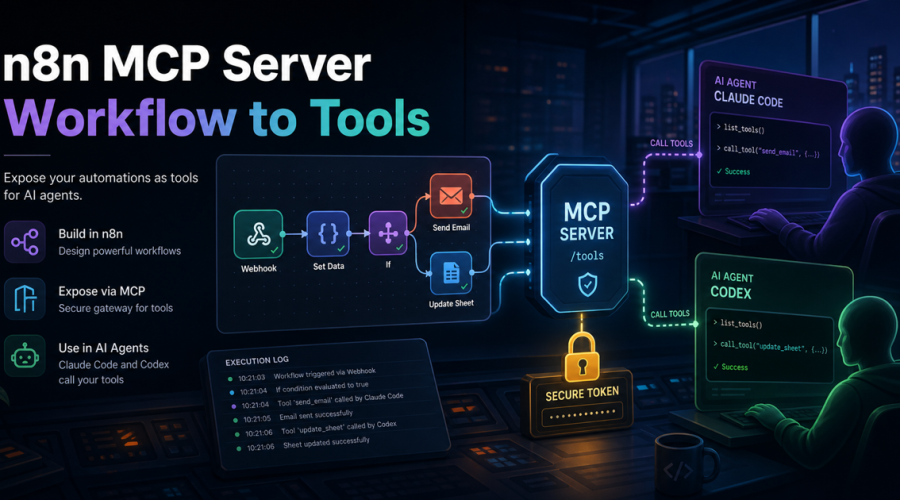 n8n MCP Server 将自动化工作流暴露给 Claude Code 和 Codex 调用的流程示意图