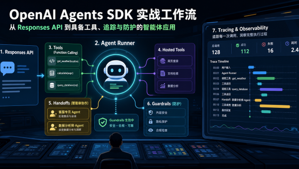 OpenAI Agents SDK 将工具、交接、护栏和追踪组织成可观测 Agent 应用的流程图