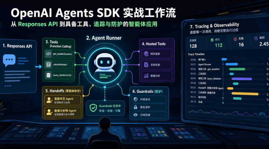 OpenAI Agents SDK 将工具、交接、护栏和追踪组织成可观测 Agent 应用的流程图