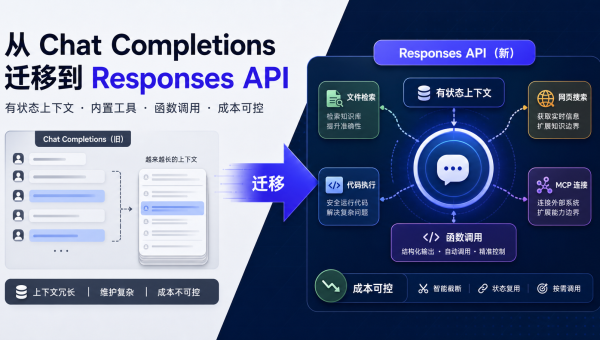 OpenAI Responses API 从 Chat Completions 迁移到 Agent 工具工作流的示意图