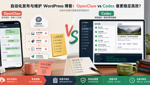 OpenClaw 与 Codex 自动更新 WordPress 博客能力对比图