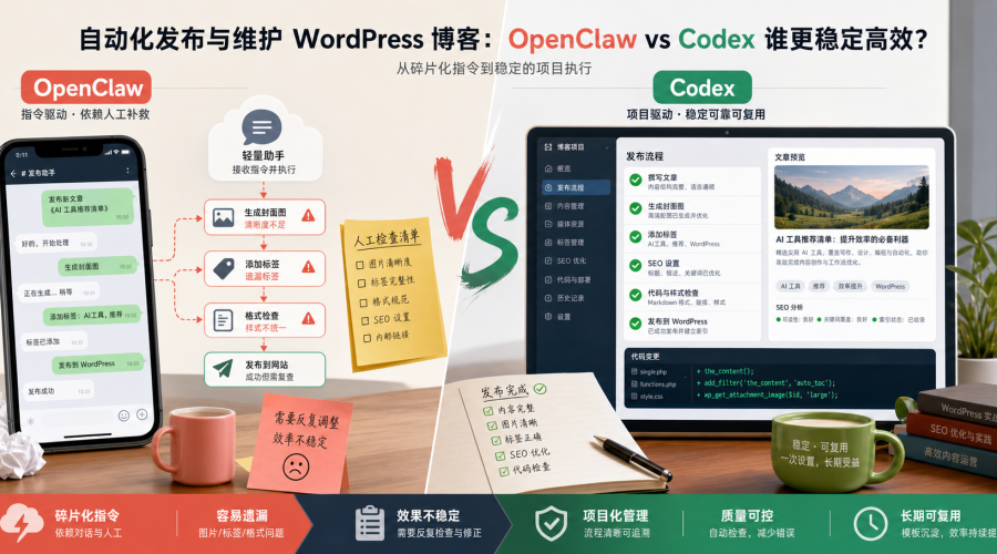 OpenClaw 与 Codex 自动更新 WordPress 博客能力对比图