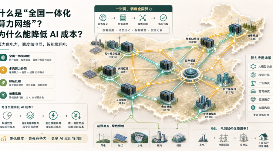 全国一体化算力网连接数据中心并为AI应用统一调度算力的示意图