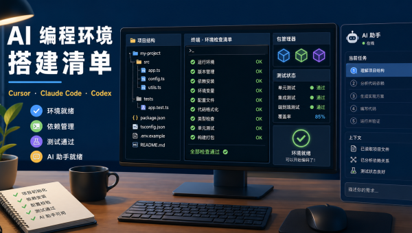 AI编程环境搭建清单包含项目结构依赖安装测试状态和AI助手面板