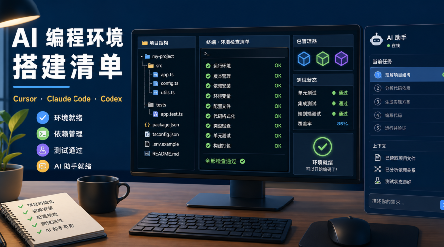 AI编程环境搭建清单包含项目结构依赖安装测试状态和AI助手面板