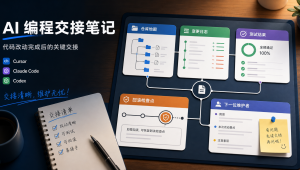 AI编程交接记录展示代码改动、测试结果、回滚点和下一位维护者注意事项