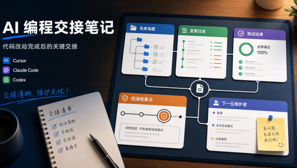AI编程交接记录展示代码改动、测试结果、回滚点和下一位维护者注意事项