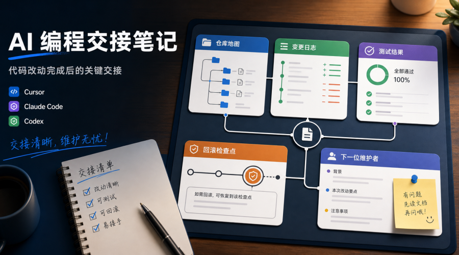 AI编程交接记录展示代码改动、测试结果、回滚点和下一位维护者注意事项