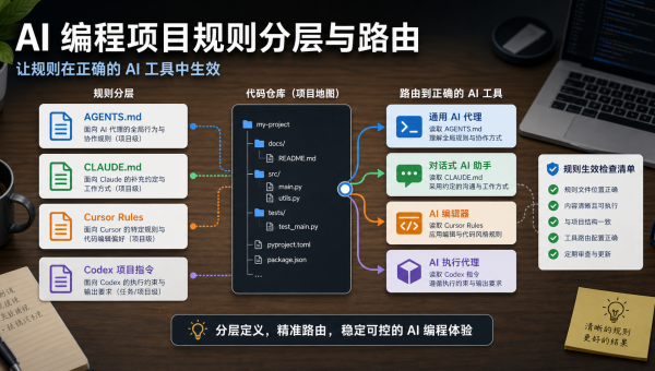 AI编程项目规则分层与路由示意图，展示 AGENTS.md、CLAUDE.md、Cursor Rules 和 Codex 指令如何连接到代码项目